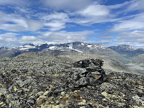På toppen av Nord for Fleskedalen (1610 m). Hurrungane i bakgrunnen.