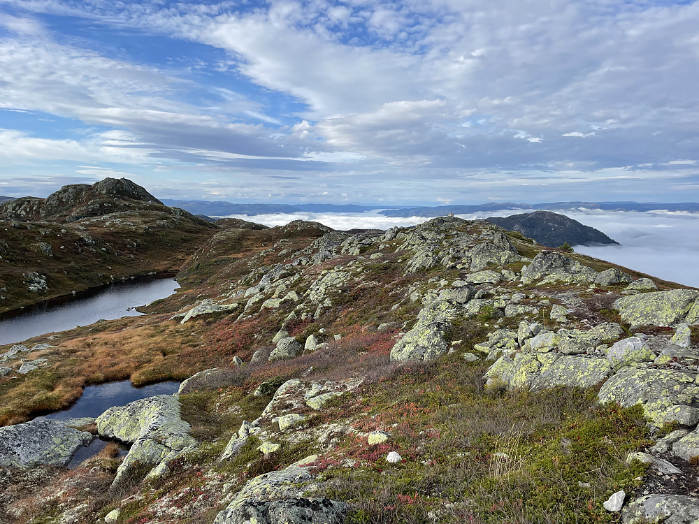 Fra ryggen mellom Vardefjell (1120 m) og Vardefjell Sørøst (1108 m). Førstnevnte og høyeste topp ses til venstre i bildet.