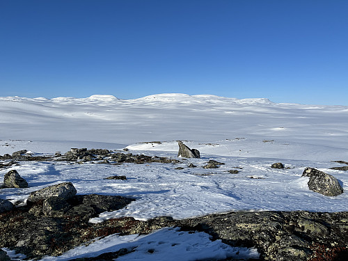 Tilbakeblikk fra Nordøst for Synstålkyrkja (1334 m) mot Stamåhjulet (1821 m) og Skarvedalseggen (1961 m).