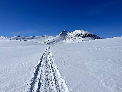 Scooterspor med retning mot Tverrådalskyrkja (2088 m).