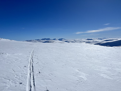 Flott retur ned sydryggen til Tundradalskyrkja (1970 m). Utsikt rett mot Hurrungane i Jotunheimen.
