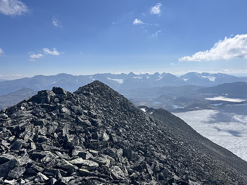 På Memurutinden V4 (2230 m) med Gjendealpene i bakgrunnen.