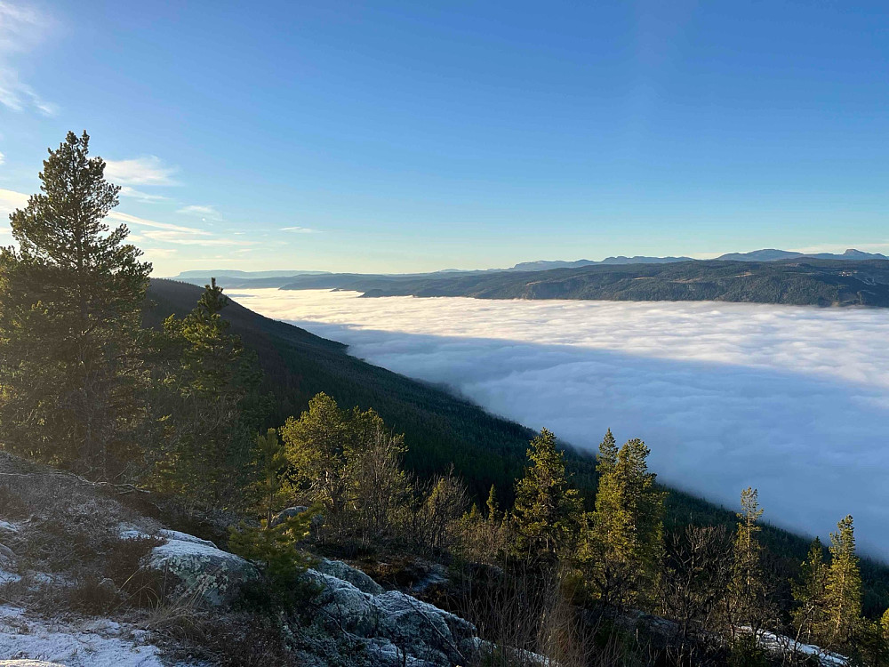 Utsikt fra Dugurdsnatten (902 m) mot vest. Hallingskarvet skimtes i det fjerne helt til venstre i bildet.