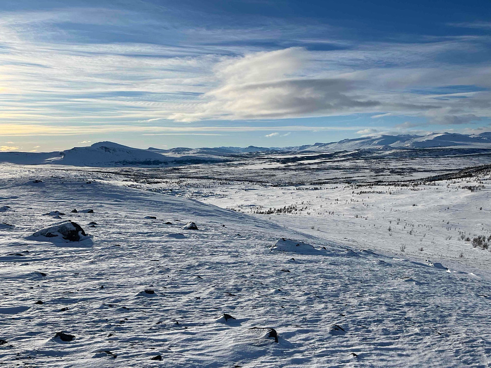 Fra Brennhøa (1244 m) mot vest. Bitihorn (1607 m) ses midt i bildet.