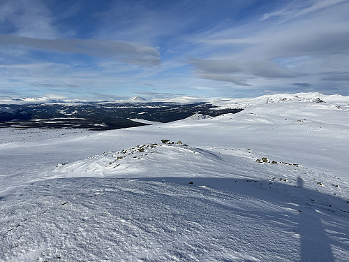 Fra Megrundskampen (1346 m) mot nord. Heidalsmuen (1745 m) ses sentralt i bildet.