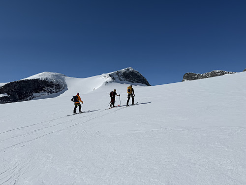På vei opp Styggebrean. Galdhøpiggen (2469 m) og Veslepiggen (2369 m) ses i bakgrunnen.