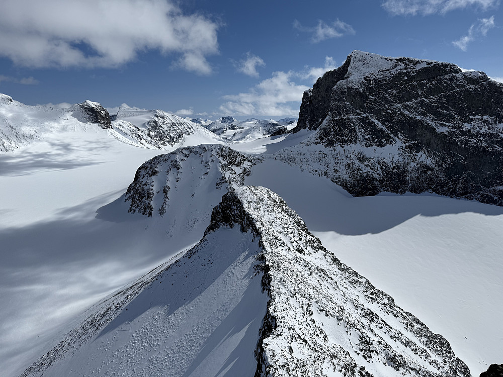 Fra Storgrovtinden (2229 m) med utsikt mot Skardstinden (2373 m) i syd. Til venstre ses Storjuvbrean og til høyre Heimre Illåbrean.