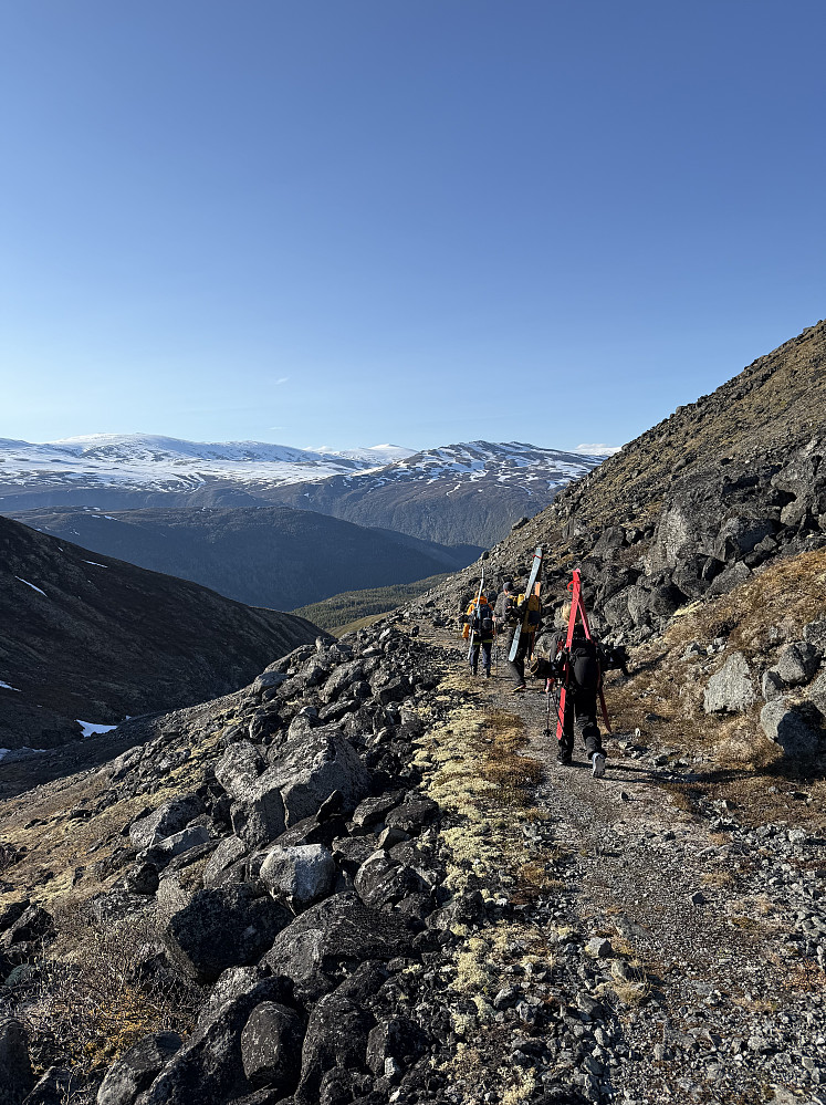 Med ski på sekk ned Brånåvegen. Breheimen ses i bakgrunnen.