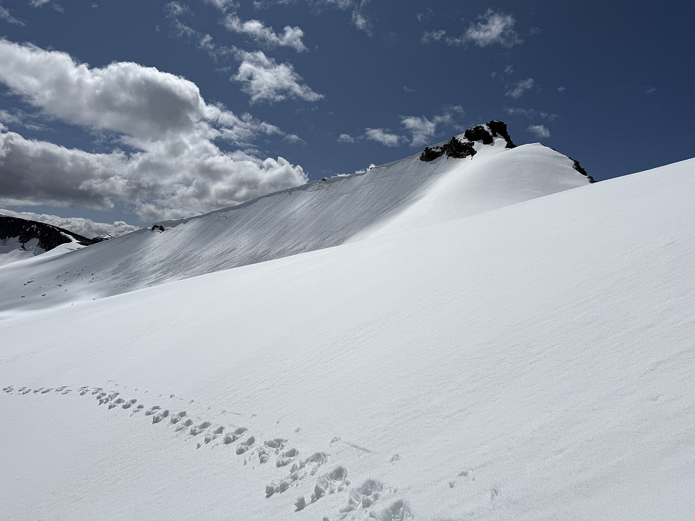 Fra skaret mellom Nørdre Styggehøbreatinden (2168 m) og Store Veotinden (2240 m). I bakgrunnen ses Søre Veotinden (2267 m) i syd.