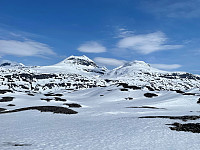 Mektige fjell i nord, i sentrum Vardetoppen/Stortoppen, til høyre Otertoppen med Vagnatjåhkkå bak , mener jeg. Mellom der tror jeg det er Dama.