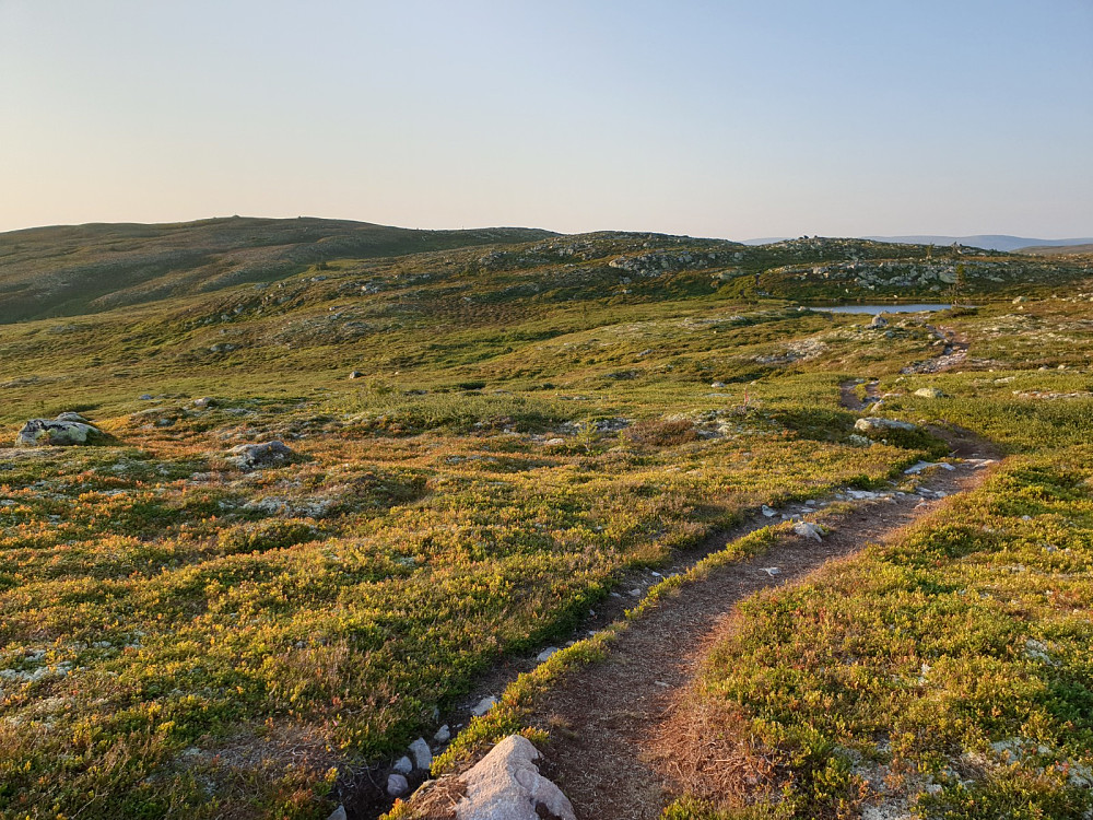 Vi er oppe på ryggen og vannet hvor teltet skal opp, og toppen kommer til syne