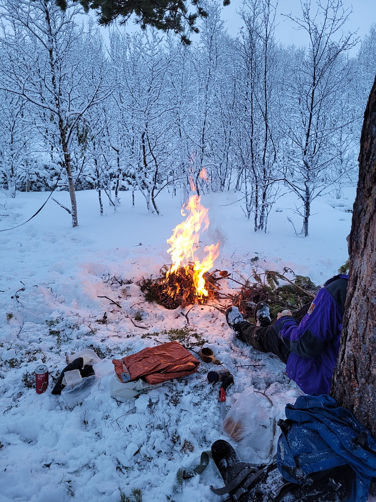 Og vi klarte å finne ei- selv om det hadde gjort bålfyringa enklere med mere kvist