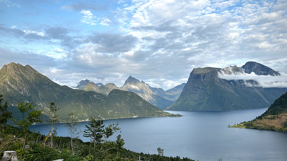 Utsikt litt oppi lia mot Hjørundsfjorden og diverse Sunnmørsalper. Slogen midt i bildet