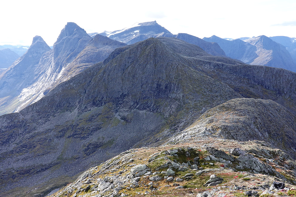 Ølmannstinden nærmest, i bakgrunnen bl.a. Kongen, Dronninga, Bispen og Finnan.