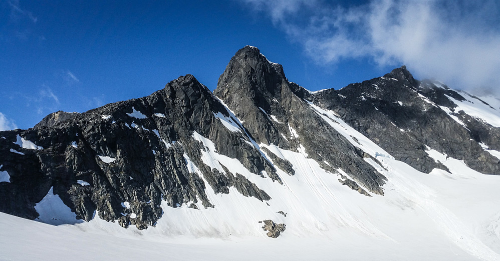Søre Dyrhaugstinden sett fra Skagastølsbreen. Klatringa starter der toppen reiser seg opp fra skaret til venstre.