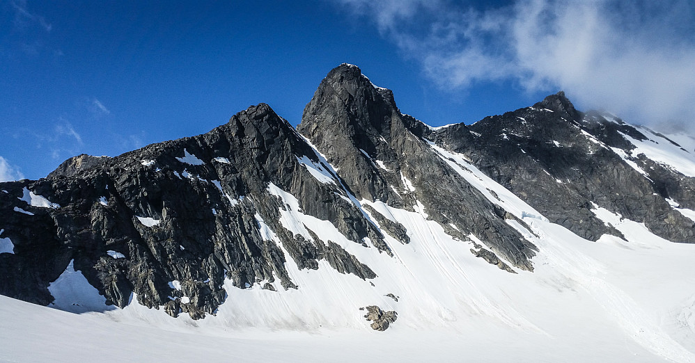 Søre Dyrhaugstinden sett fra Skagastølsbreen. Klatringa starter der toppen reiser seg opp fra skaret til venstre.