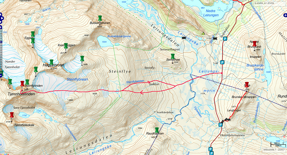 Inntegnet rute i rødt fra Leirungsmyrin til Tjønnholstinden.