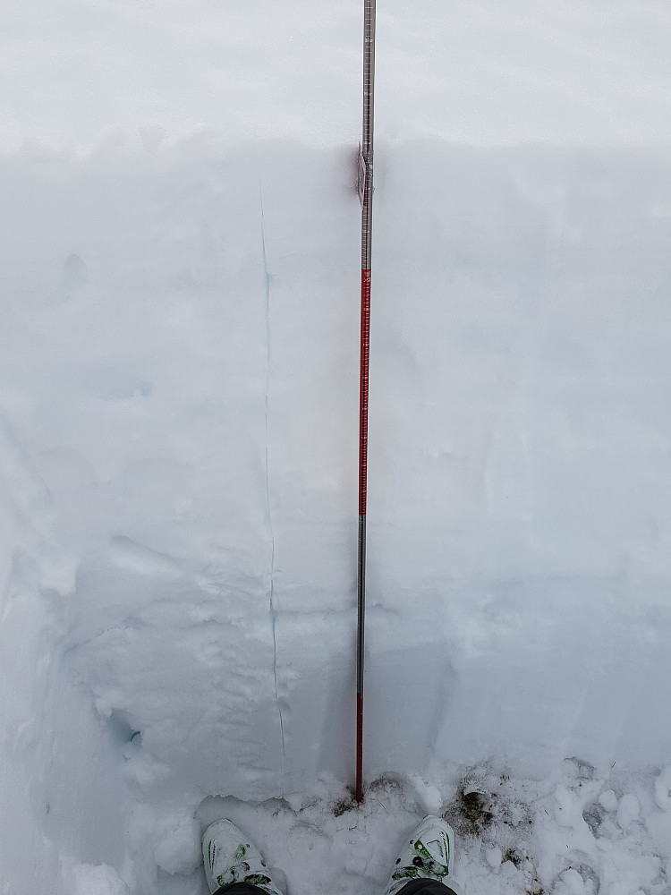 Ca. 120 cm dyp snø på 960 moh. Gjennomfuktet snødekke.