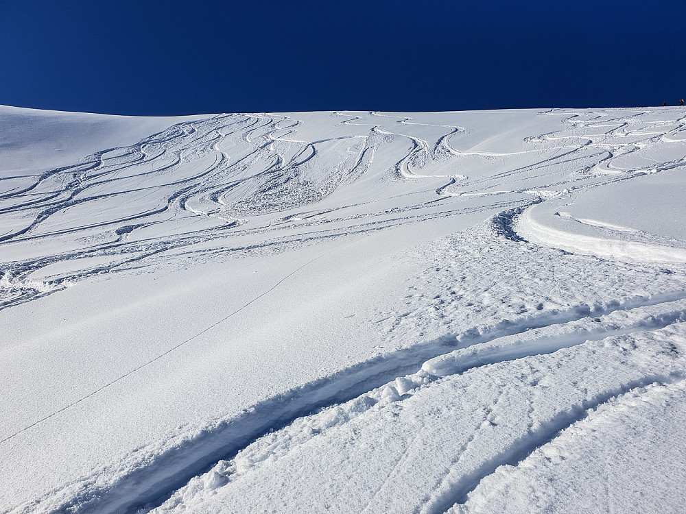 Mange som boltret seg i fin snø denne solskinnsdagen. Snøen var stort sett ubunden, men lokalt hadde vinden herjet og her gikk det et harmløst skred over en kul.