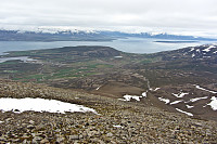 Utsikt mot Grenivik og Eyafjördur. Sett fra Hnjukar vest for Grjotskalarhnjukur.