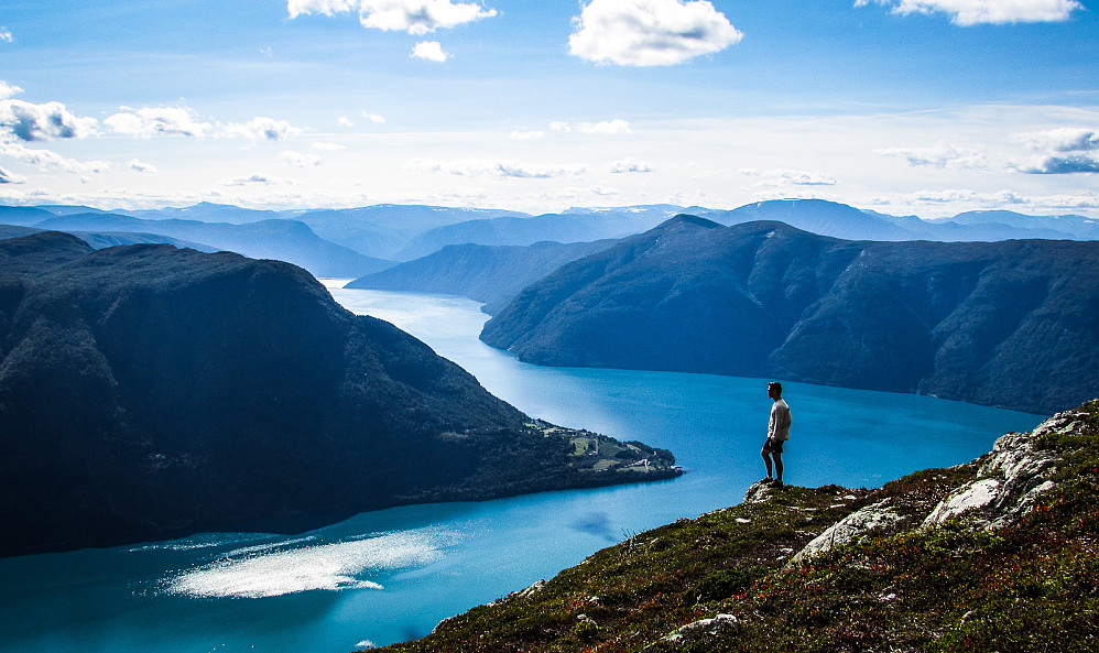 Verdens beste klasserom! Harald skuer utover Lustrafjorden fra toppen av Molden.
