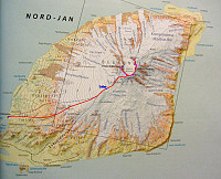Rute til Beerenberg. Kartet er lånt fra boka "Norges fjelltopper over 2000 meter" av Helgesen