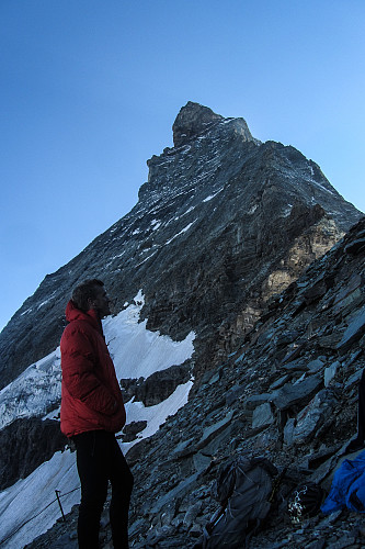 Øyvind skuer opp mot mektige Matterhorn fra Hörnlihütte.