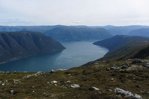 Fjordblikk (Lustrafjorden) fra toppen av Store Haugmelen.