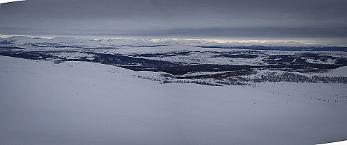 Panoramabilde fra Nysølvarden nordover. Mot Golsfjellet, Hemsedalsfjella, Valdres og Jotunheimen langt der bak.