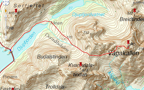 Grovt inntegnet rute til Vågakallen