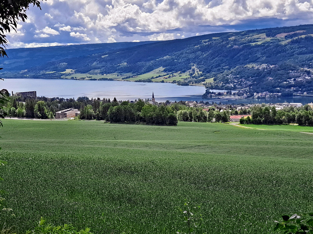 Ser over Lysgårdsjordet mot byen og Mjøsa