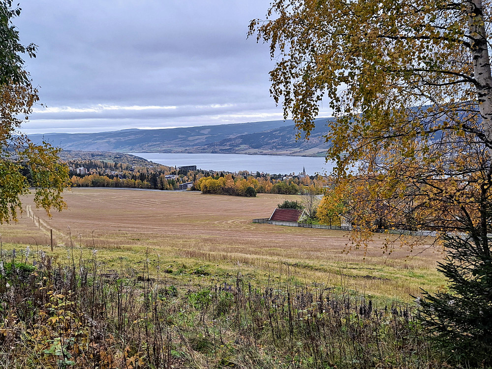 Over Lysgårdsjordet mot byen og Mjøsa. Skiløypa over Lysgårdsjordet er nå merket