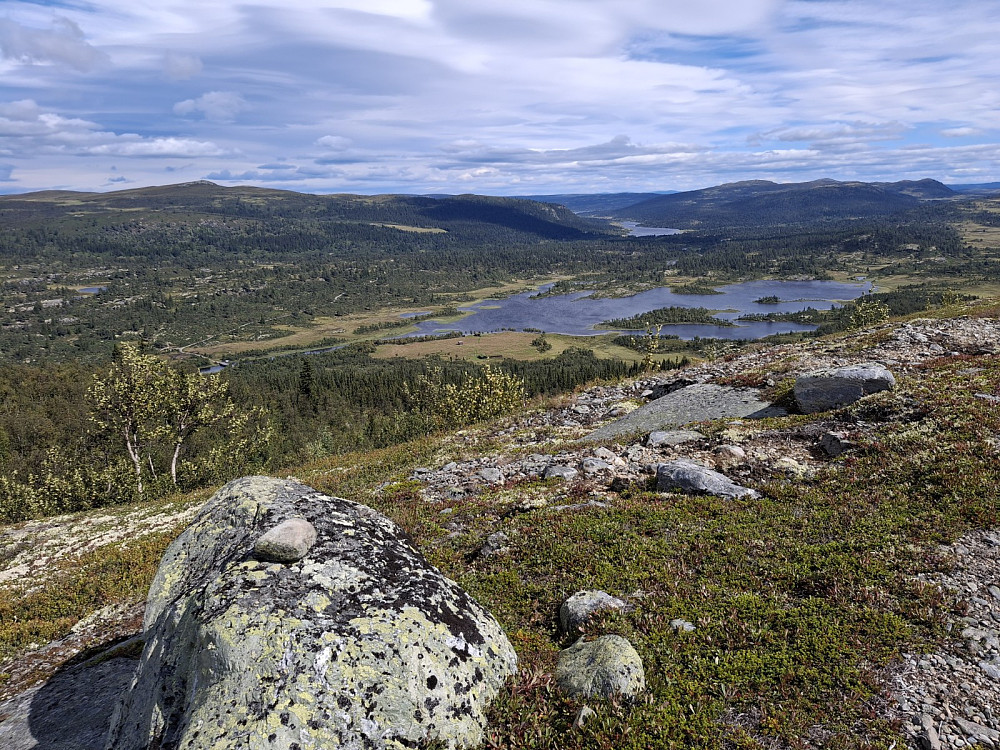Ser ned på Vågskardsetra, ser også parkeringa og vegen tilbake til Liomsetervegen