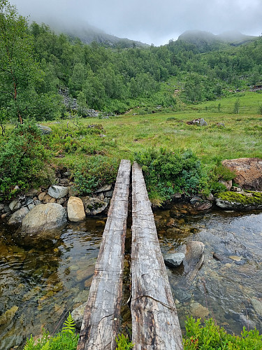 Over denne brua og opp skaret i bakgrunnen