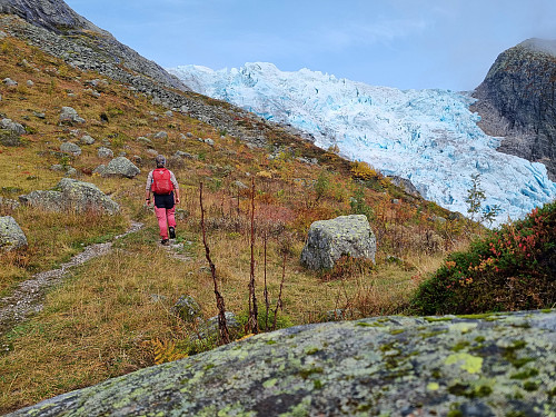 På veg opp mot Flabrehytta. Brefallet frå Flatbreen