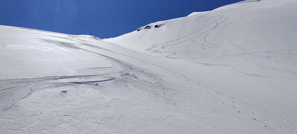 Bratt artig flanke direkte ned fra toppen mot breen. Var dessverre litt pappskare her, så tok det piano