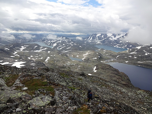 Fra sørryggen med tilbakeblikk mot Uradalsvatnet. Dessuten ser vi både Kvitevatnet og Koldedalsvatnet