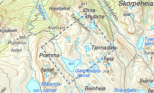 Kartutsnitt over sleppområdet for AVOCET-gruppa på Tjødnadals- og Beinheia, flyretning frå vest. Fritt etter figur på side 60 i Per Asbjørn Holst sitt hefte «Strand under krigen»