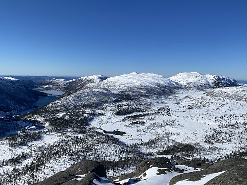 Praktfull utsikt over Tysdalsheia. Reinaknuten, Ternefjell og Tibergfjell dominerer