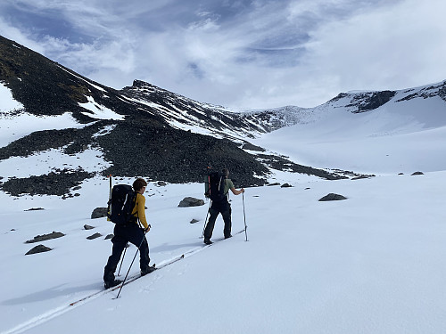 I fint driv mot fronten av den nordligste breen på Bukkehø. Første mål, Nordre Bukkehø N2, dominerer til venstre for midten