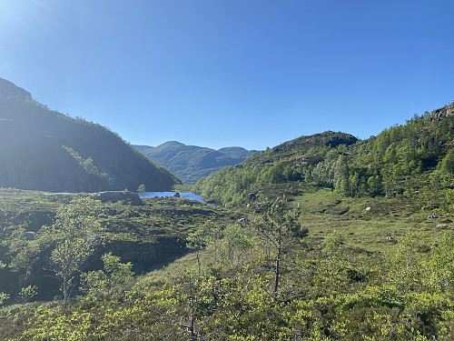 Ferdig med brekka og oppe i sola. Me ser Stigatjødna og Kuhaugen i bakgrunnen