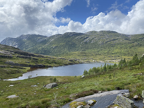 Mot Stølatjødna med fjellryggen frå Nordafjellet til Holmaknuten i bakgrunnen