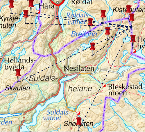 Siktelinjer fra Vassdalseggen til alle de andre toppene i Rogaland over 1500 moh, noe som stemmer med min egen observasjon fra toppvarden