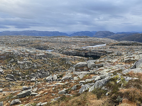 Eit småkupert topplatå overstrødd med stein. Det går byger ute i Høgsfjorden