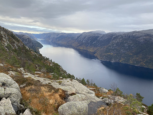 Vel nede på T-stien att med utsikt inn så godt som heile fjorden