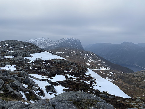 Frå Salane mot Reinaknuten og Tysdalsvatnet. I Holtaheia dominerer Lauvåsen som vanleg