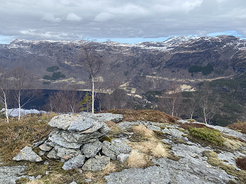 Oppe av det brattaste partiet og over tregrensa med flott utsikt mot Fjellgardsvatnet. Litlalandsnuten stikk seg fram til venstre, og Lysenuten/Roaldkvamsnuten går nesten i eitt til høgre
