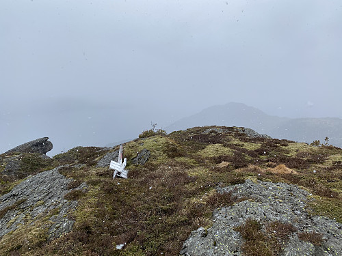 Det gamle trigpunktet som står på stupkanten og ikkje på sjølve toppunktet på Dyranibba. Rindanuten skimtast i bakgrunnen