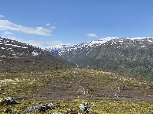 Ferdig med bratta og traktorvegen etter en drøy time. Vi ser oppover Lundadalen og skimter toppen av Hestdalshøgda aller bakerst i midten