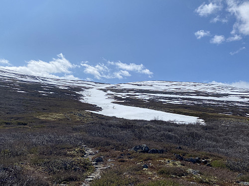 Straks på med skia ved ca. 1200moh. Vi ser det snødekte søkket langs Lenda, som jeg fulgte på høyre side